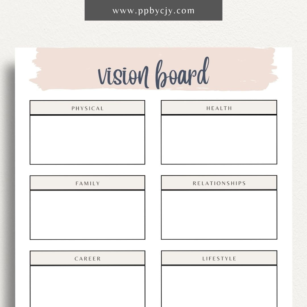 Vision Board Printable Template – Digital download for creating and organizing a visual representation of personal goals, dreams, and aspirations, with spaces for images, quotes, and notes