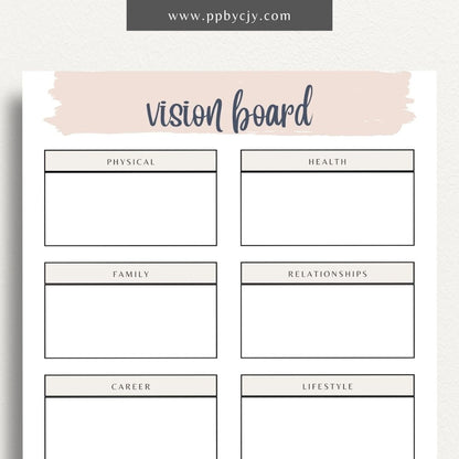 Vision Board Printable Template – Digital download for creating and organizing a visual representation of personal goals, dreams, and aspirations, with spaces for images, quotes, and notes