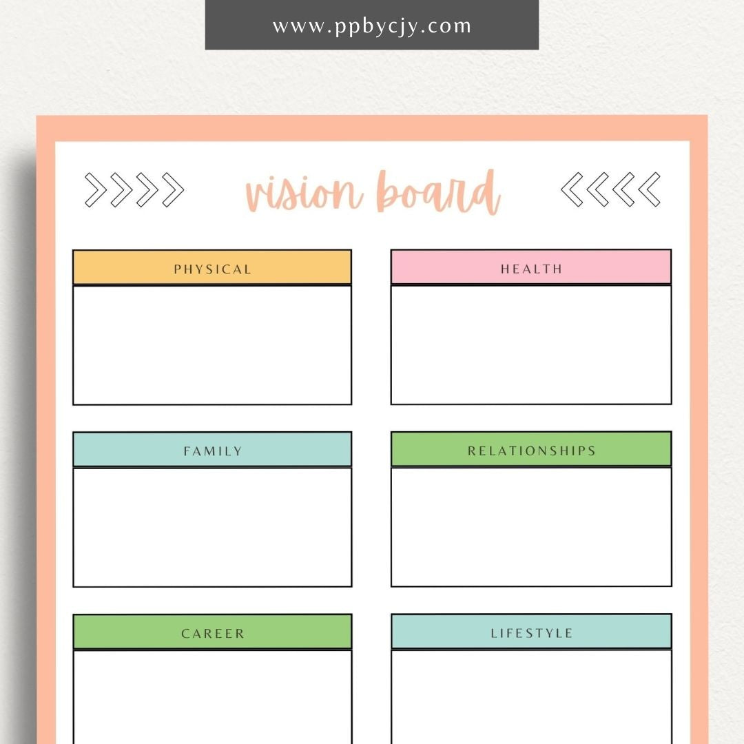 Vision Board Printable Template – Digital download for creating and organizing a visual representation of personal goals, dreams, and aspirations, with spaces for images, quotes, and notes