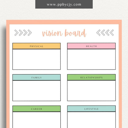 Vision Board Printable Template – Digital download for creating and organizing a visual representation of personal goals, dreams, and aspirations, with spaces for images, quotes, and notes