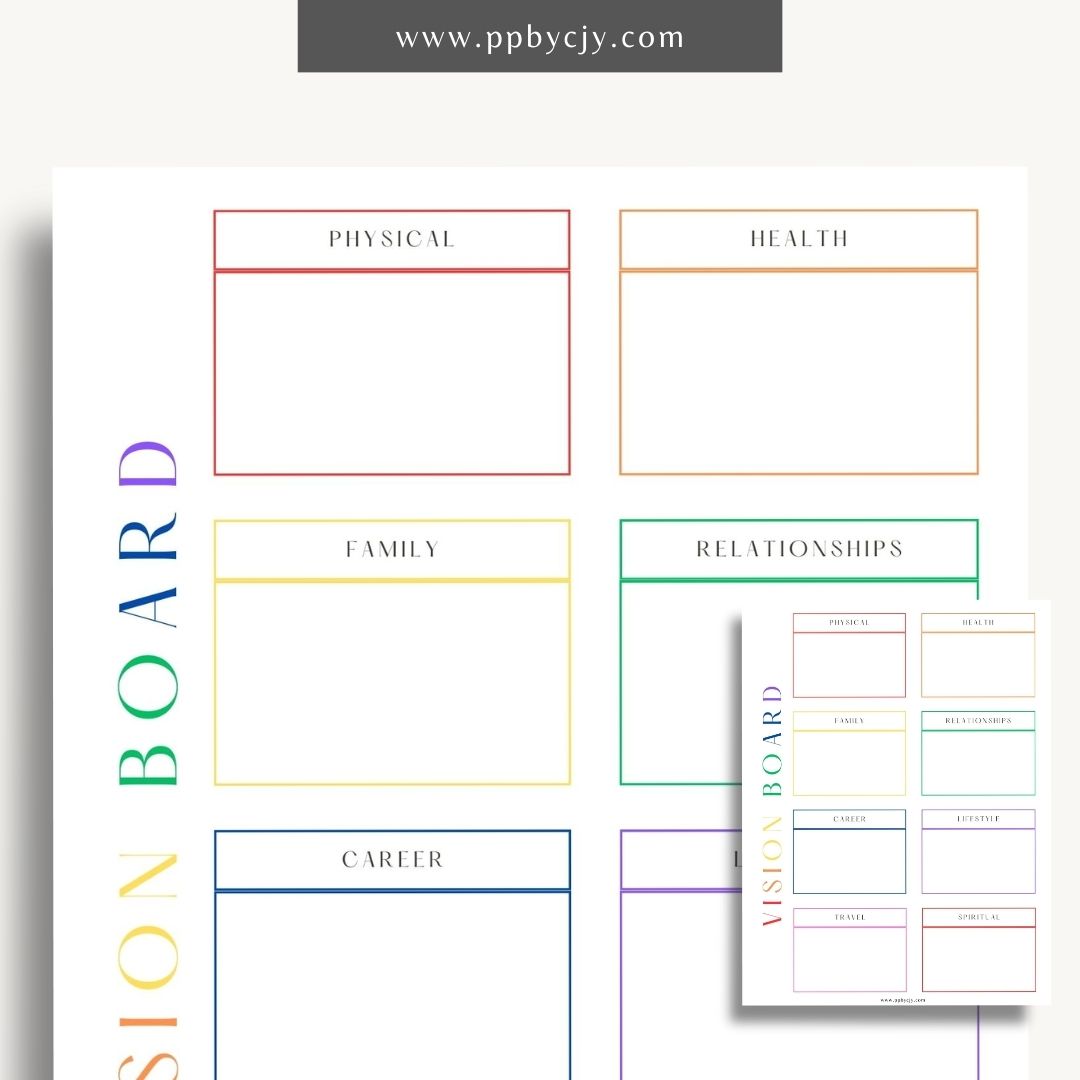 Vision Board Printable Template – Digital download for creating and organizing a visual representation of personal goals, dreams, and aspirations, with spaces for images, quotes, and notes