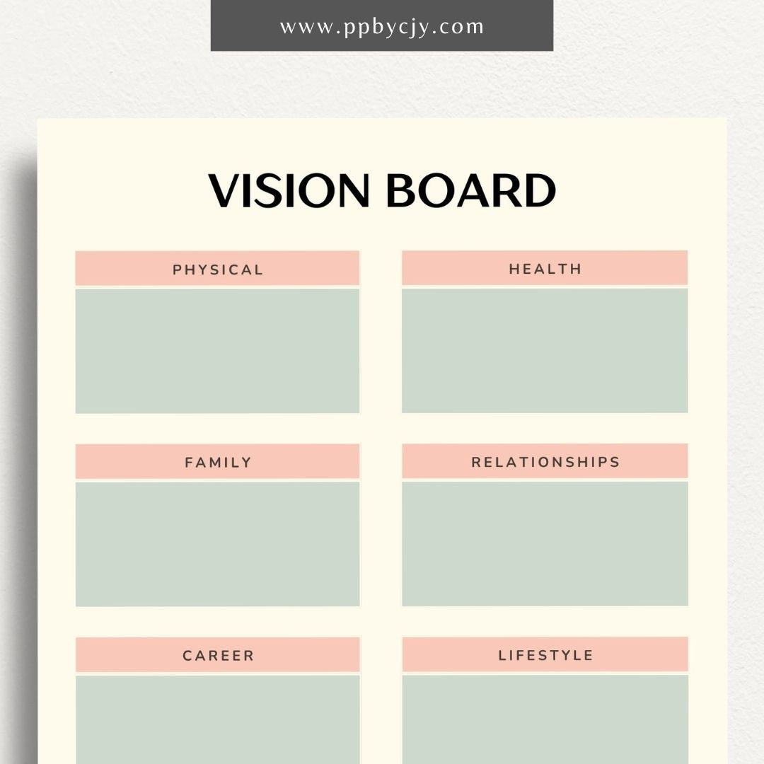 Vision Board Printable Template – Digital download for creating and organizing a visual representation of personal goals, dreams, and aspirations, with spaces for images, quotes, and notes