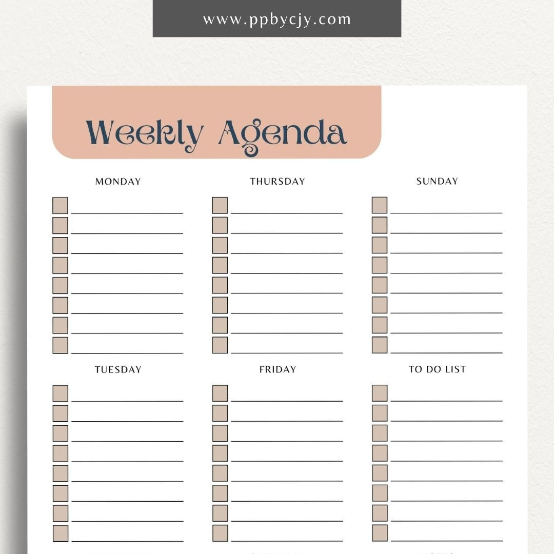 Undated Weekly Agenda Printable Template – Digital download for planning and organizing weekly tasks, appointments, and goals without specific dates, allowing flexibility in use