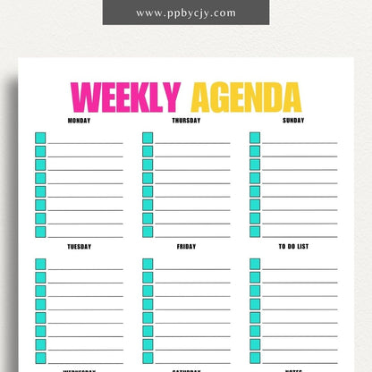 Undated Weekly Agenda Printable Template – Digital download for planning and organizing weekly tasks, appointments, and goals without specific dates, allowing flexibility in use