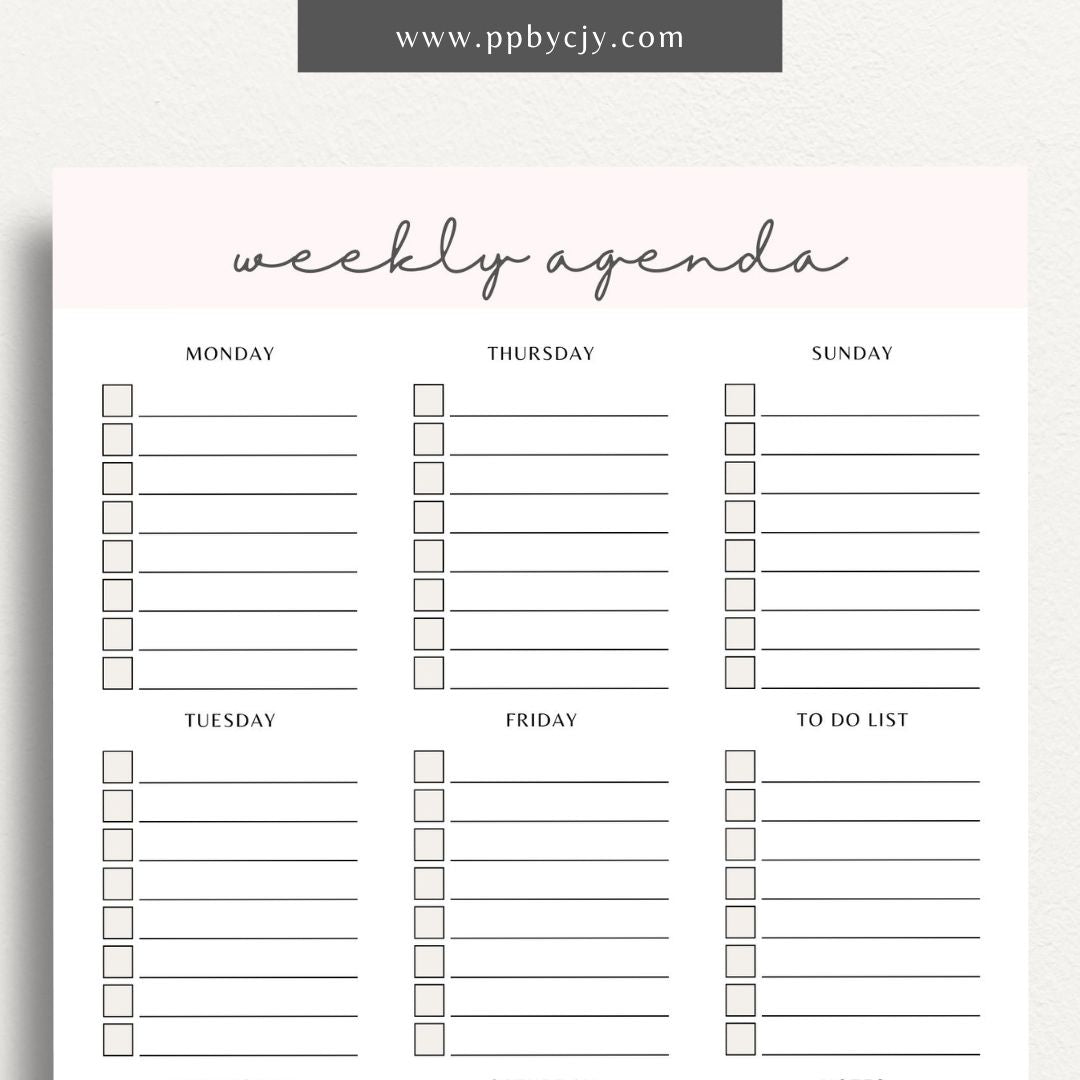 Undated Weekly Agenda Printable Template – Digital download for planning and organizing weekly tasks, appointments, and goals without specific dates, allowing flexibility in use