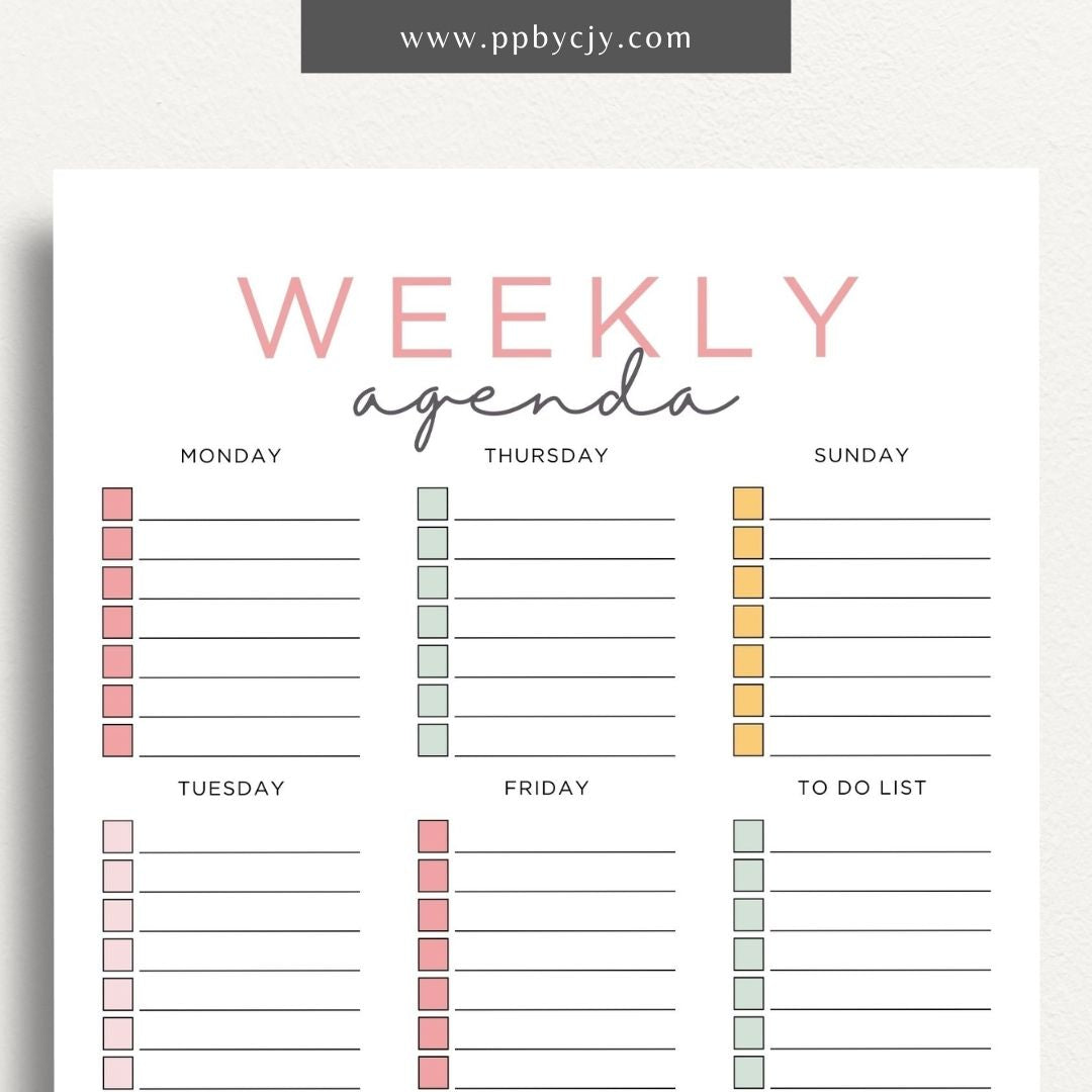 Undated Weekly Agenda Printable Template – Digital download for planning and organizing weekly tasks, appointments, and goals without specific dates, allowing flexibility in use