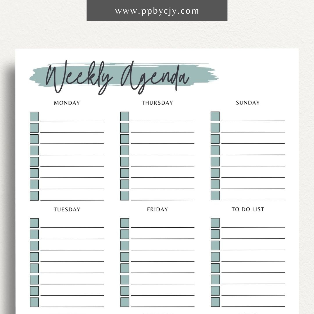 Undated Weekly Agenda Printable Template – Digital download for planning and organizing weekly tasks, appointments, and goals without specific dates, allowing flexibility in use