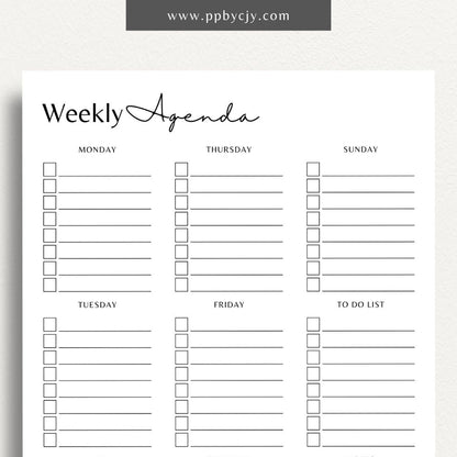 Undated Weekly Agenda Printable Template – Digital download for planning and organizing weekly tasks, appointments, and goals without specific dates, allowing flexibility in use