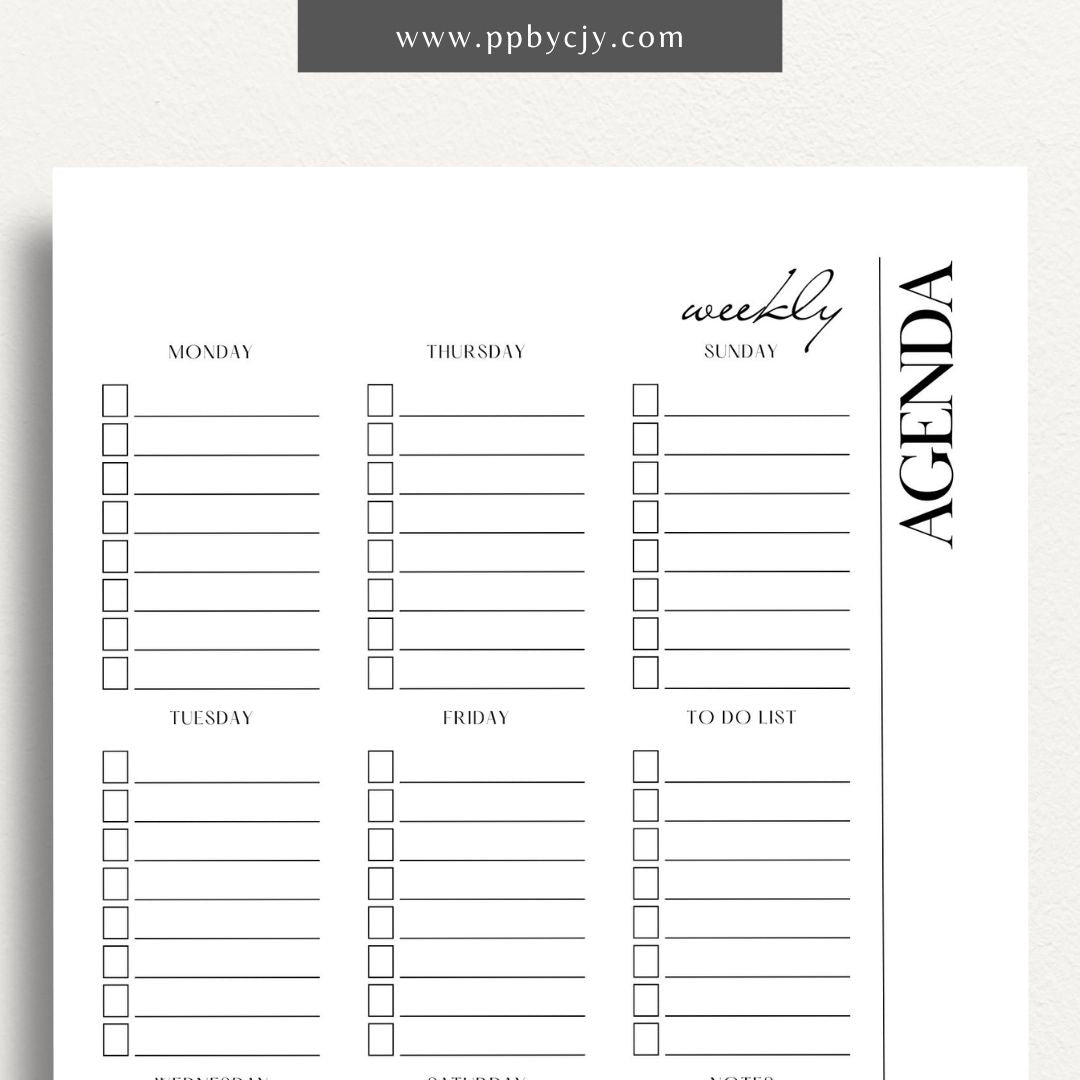 Undated Weekly Agenda Printable Template – Digital download for planning and organizing weekly tasks, appointments, and goals without specific dates, allowing flexibility in use