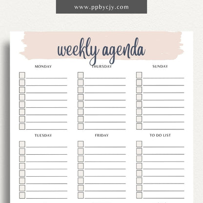 Undated Weekly Agenda Printable Template – Digital download for planning and organizing weekly tasks, appointments, and goals without specific dates, allowing flexibility in use