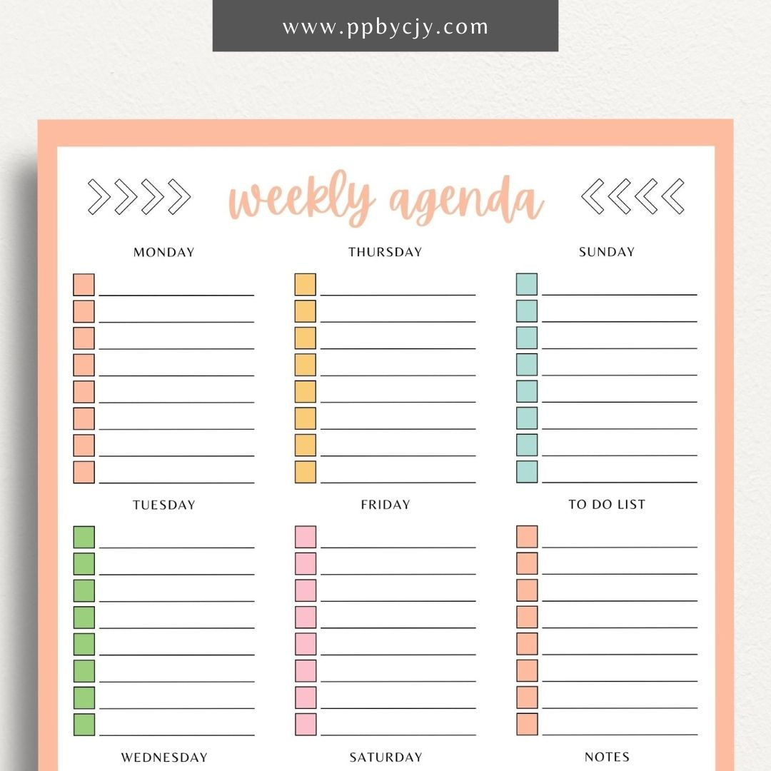 Undated Weekly Agenda Printable Template – Digital download for planning and organizing weekly tasks, appointments, and goals without specific dates, allowing flexibility in use