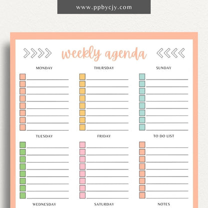 Undated Weekly Agenda Printable Template – Digital download for planning and organizing weekly tasks, appointments, and goals without specific dates, allowing flexibility in use