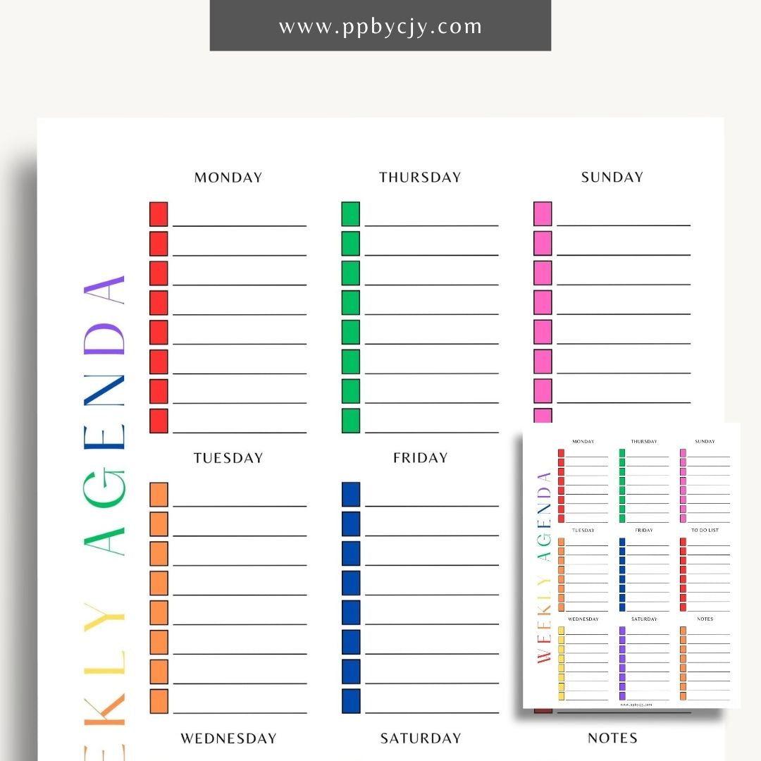 Undated Weekly Agenda Printable Template – Digital download for planning and organizing weekly tasks, appointments, and goals without specific dates, allowing flexibility in use