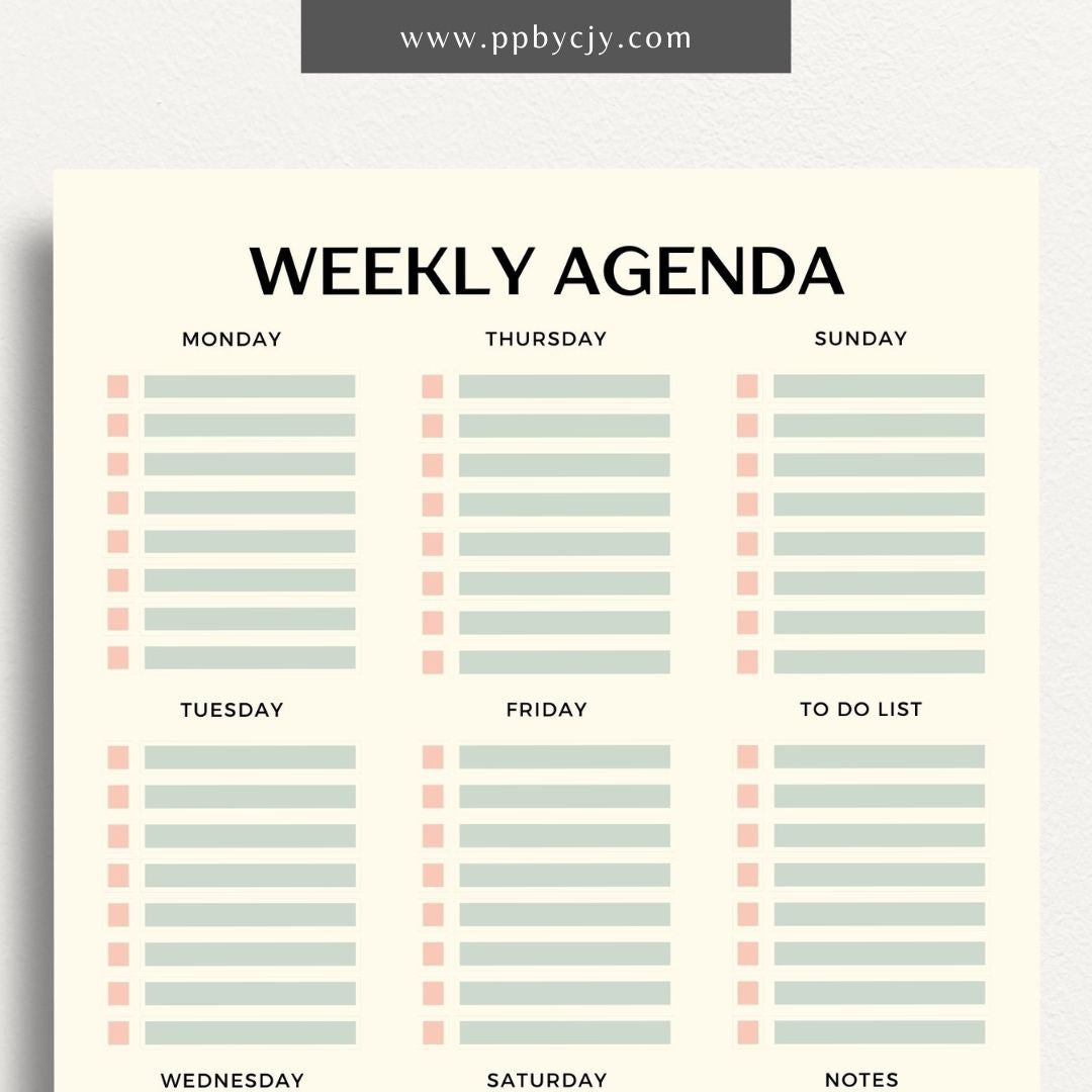 Undated Weekly Agenda Printable Template – Digital download for planning and organizing weekly tasks, appointments, and goals without specific dates, allowing flexibility in use