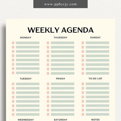 Undated Weekly Agenda Printable Template – Digital download for planning and organizing weekly tasks, appointments, and goals without specific dates, allowing flexibility in use