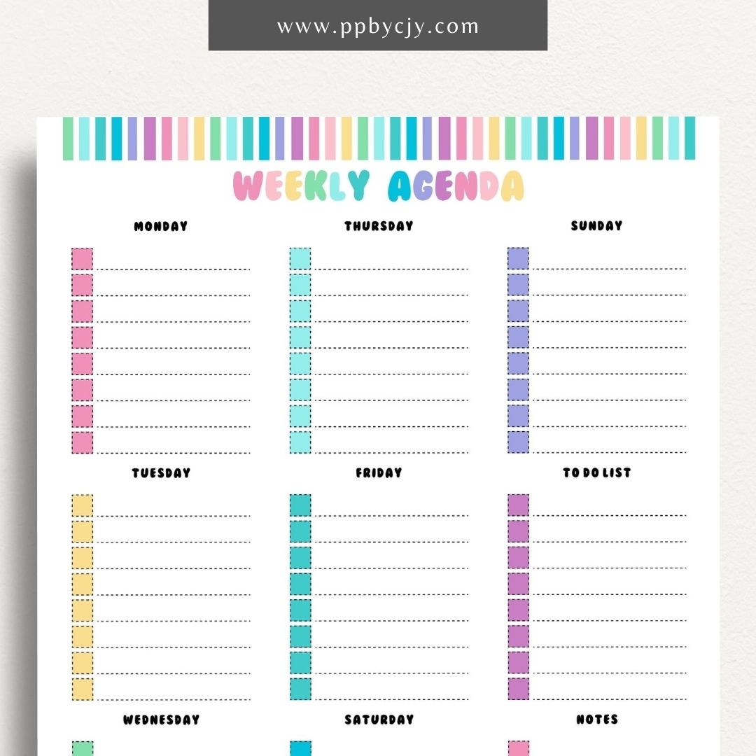 Undated Weekly Agenda Printable Template – Digital download for planning and organizing weekly tasks, appointments, and goals without specific dates, allowing flexibility in use