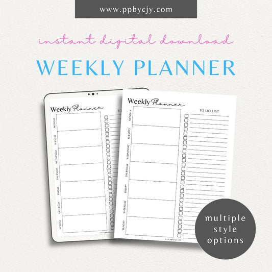 Undated Weekly Planner Printable Template – Digital download for organizing and managing weekly schedules, tasks, and goals without predefined dates, offering flexibility to start anytime