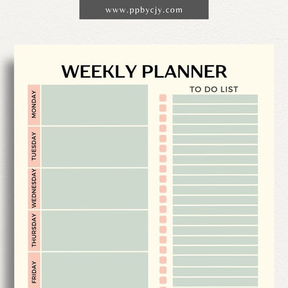 Undated Weekly Planner Printable Template – Digital download for organizing and managing weekly schedules, tasks, and goals without predefined dates, offering flexibility to start anytime