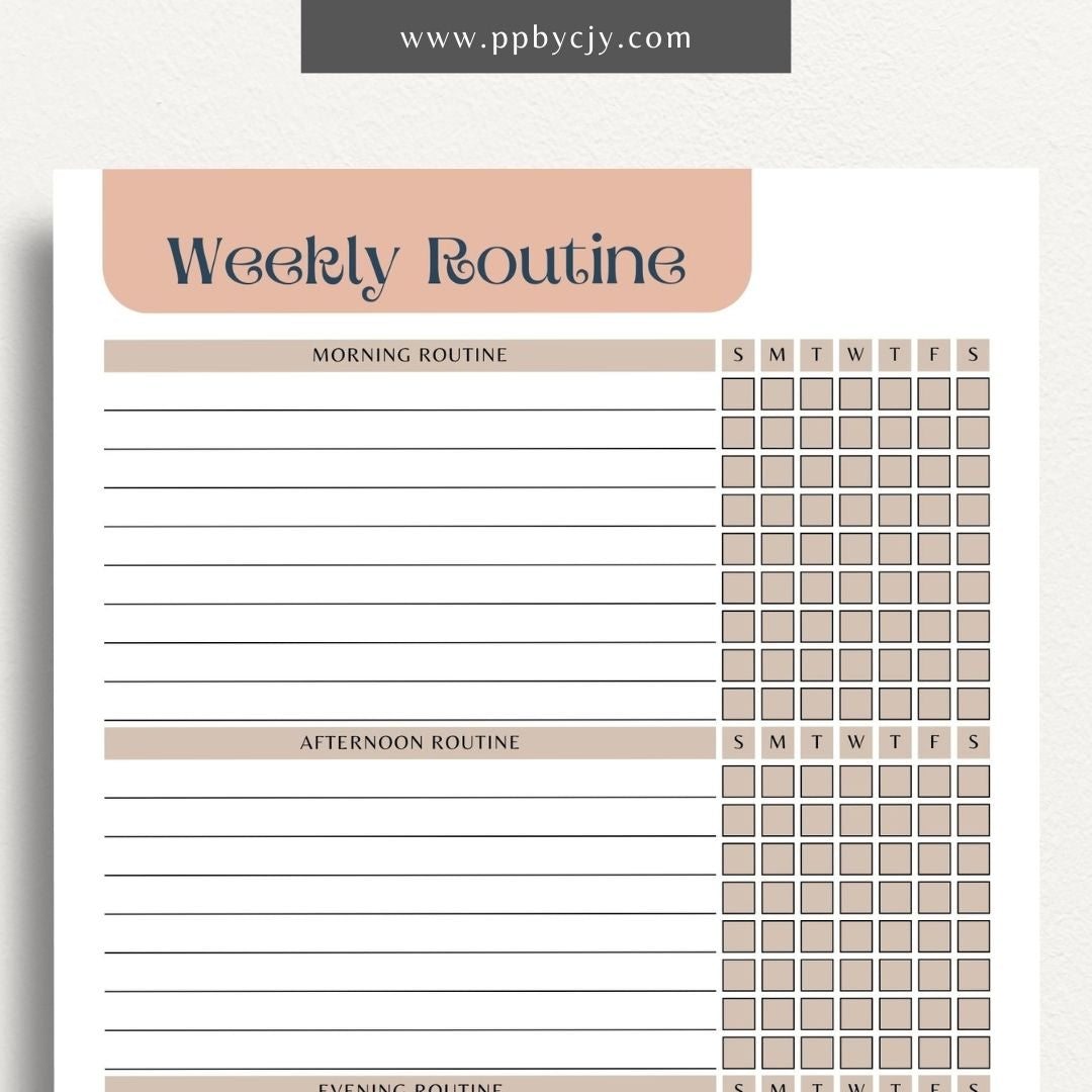 Undated Weekly Routine Printable Template – Digital download for planning and organizing weekly routines, including daily activities, tasks, and goals, with no set dates for flexibility