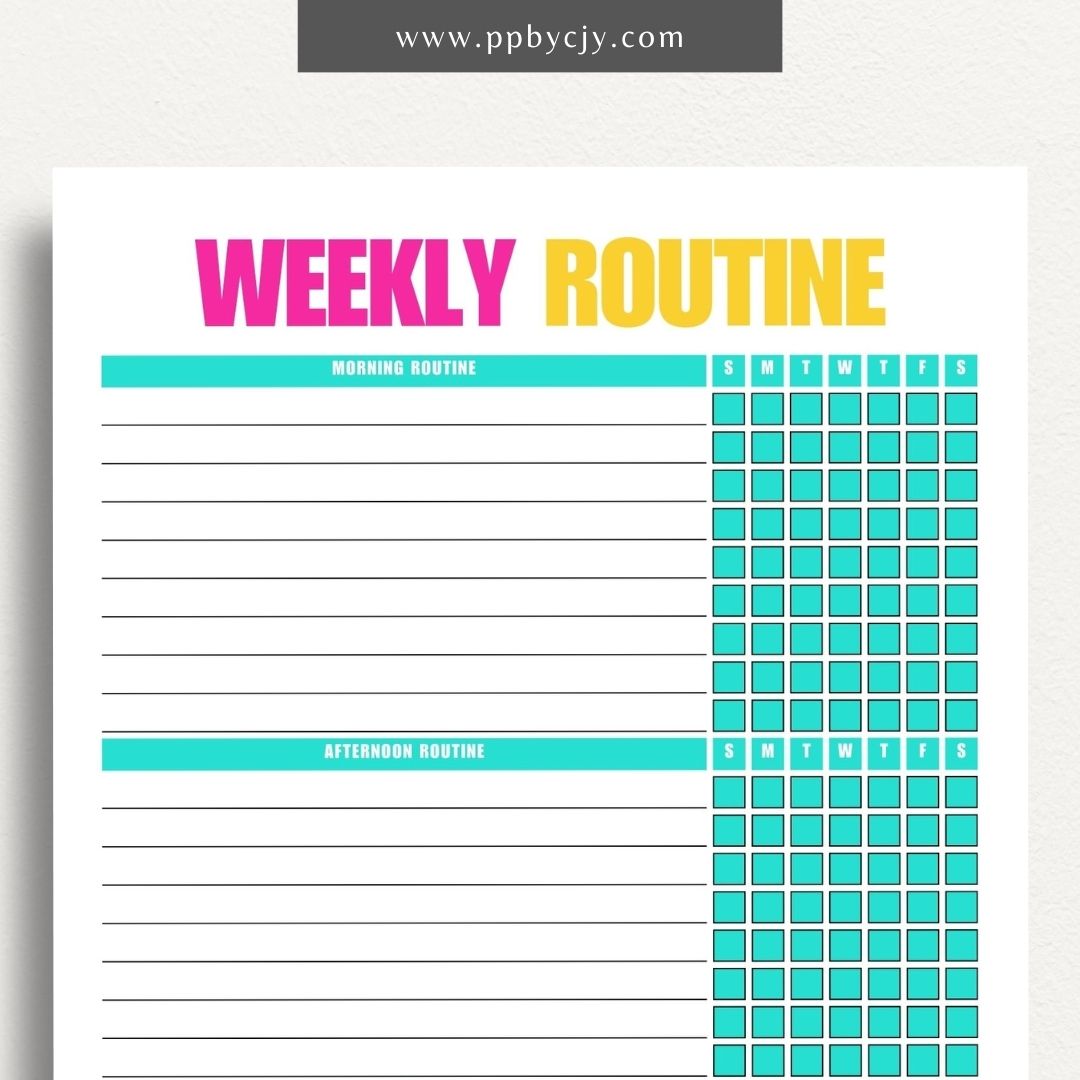 Undated Weekly Routine Printable Template – Digital download for planning and organizing weekly routines, including daily activities, tasks, and goals, with no set dates for flexibility