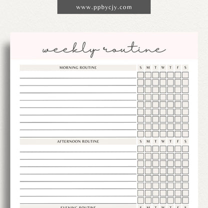 Undated Weekly Routine Printable Template – Digital download for planning and organizing weekly routines, including daily activities, tasks, and goals, with no set dates for flexibility