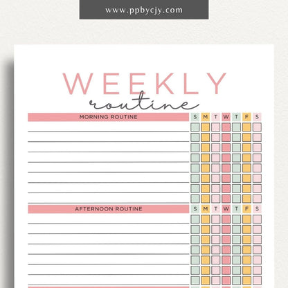 Undated Weekly Routine Printable Template – Digital download for planning and organizing weekly routines, including daily activities, tasks, and goals, with no set dates for flexibility