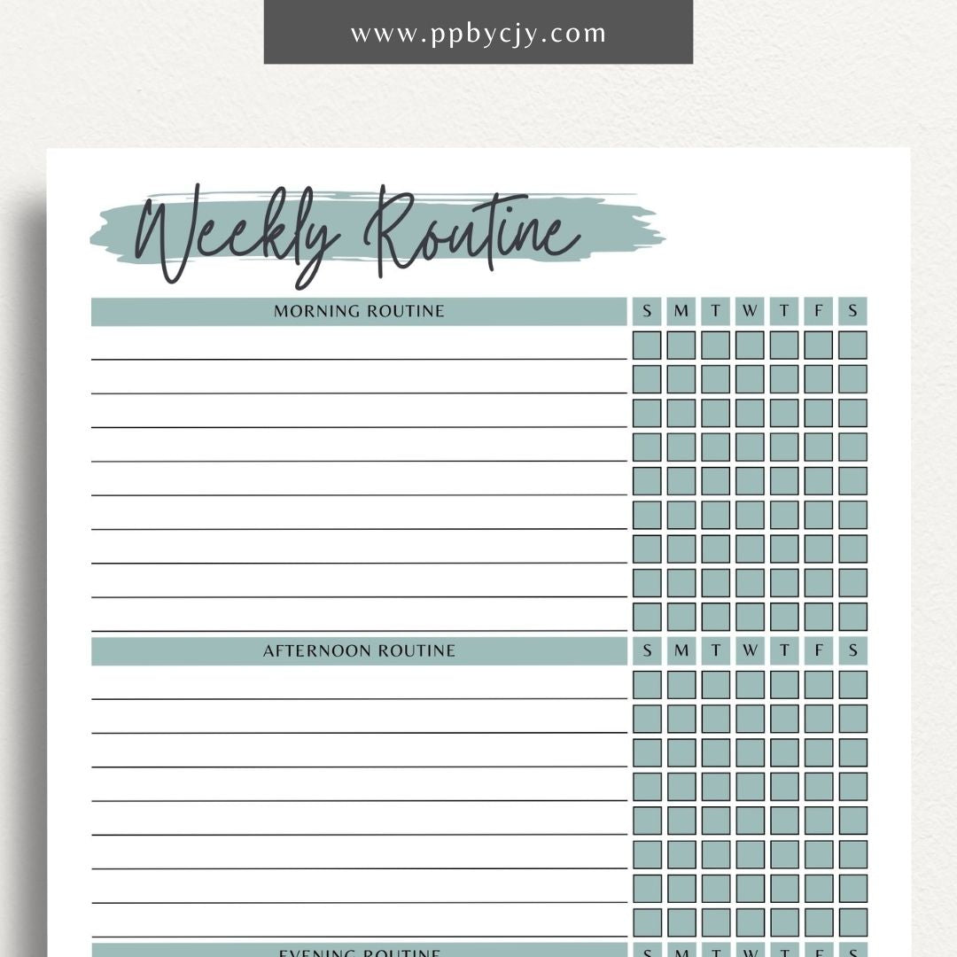 Undated Weekly Routine Printable Template – Digital download for planning and organizing weekly routines, including daily activities, tasks, and goals, with no set dates for flexibility