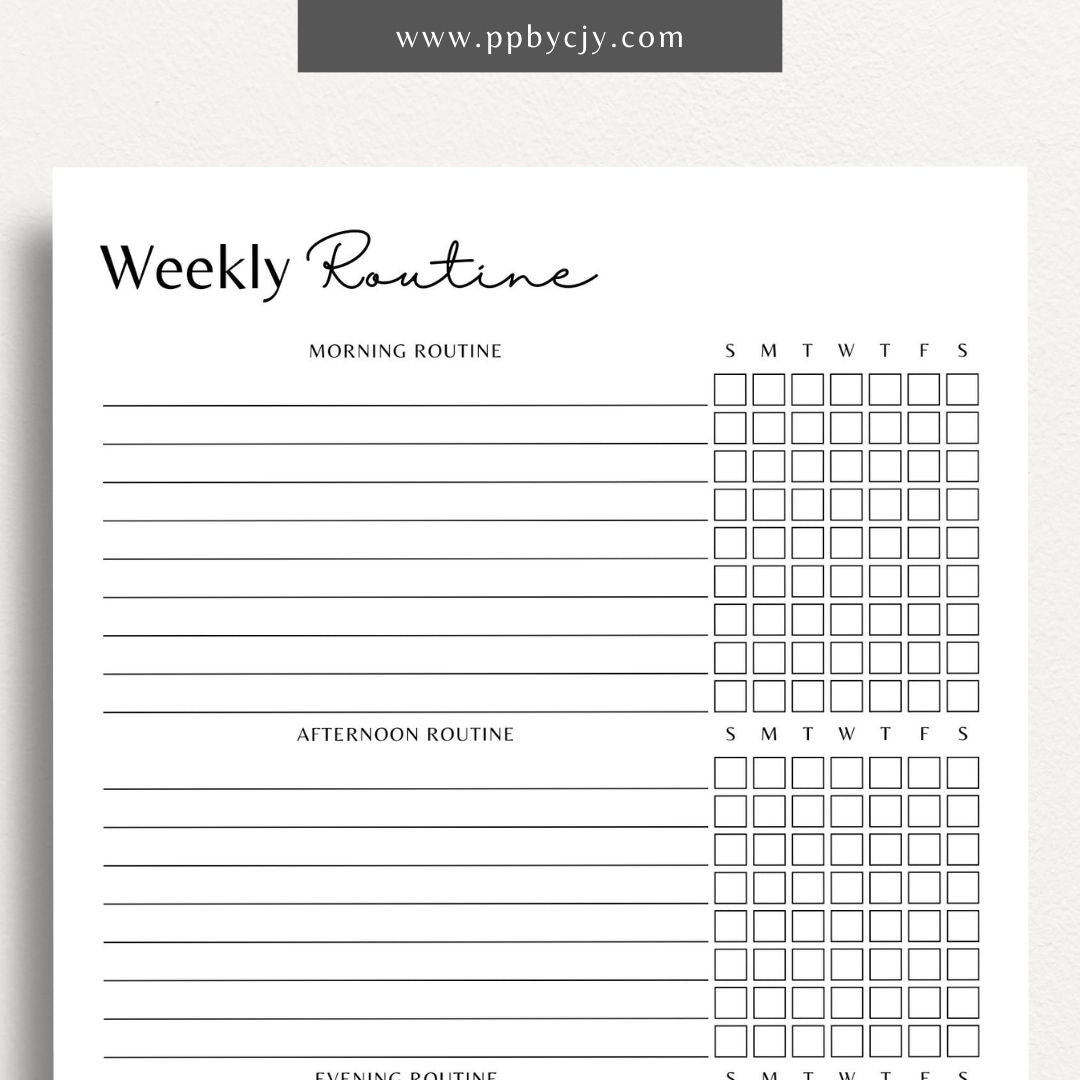 Undated Weekly Routine Printable Template – Digital download for planning and organizing weekly routines, including daily activities, tasks, and goals, with no set dates for flexibility