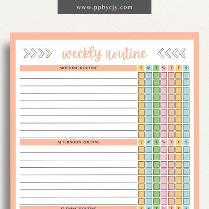 Undated Weekly Routine Printable Template – Digital download for planning and organizing weekly routines, including daily activities, tasks, and goals, with no set dates for flexibility