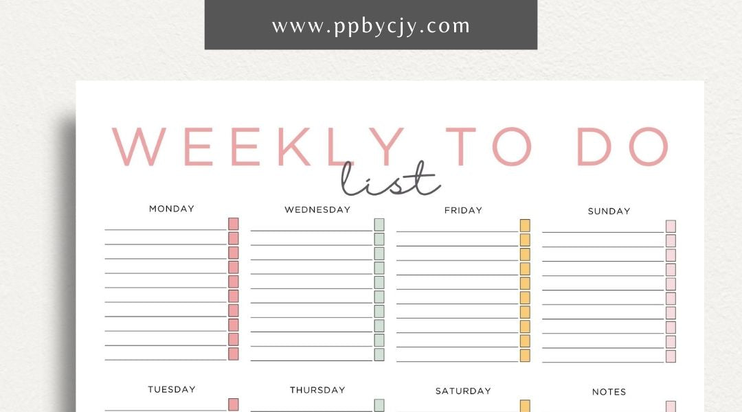 Visual representation of printable weekly to-do list template with tasks and checkboxes.