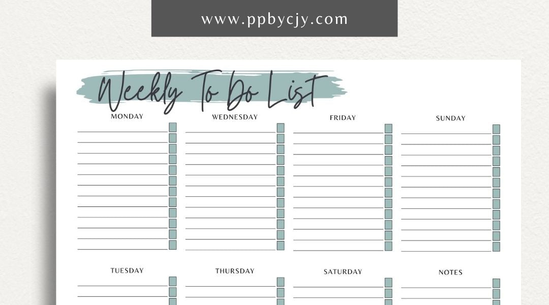 Visual representation of printable weekly to-do list template with tasks and checkboxes.