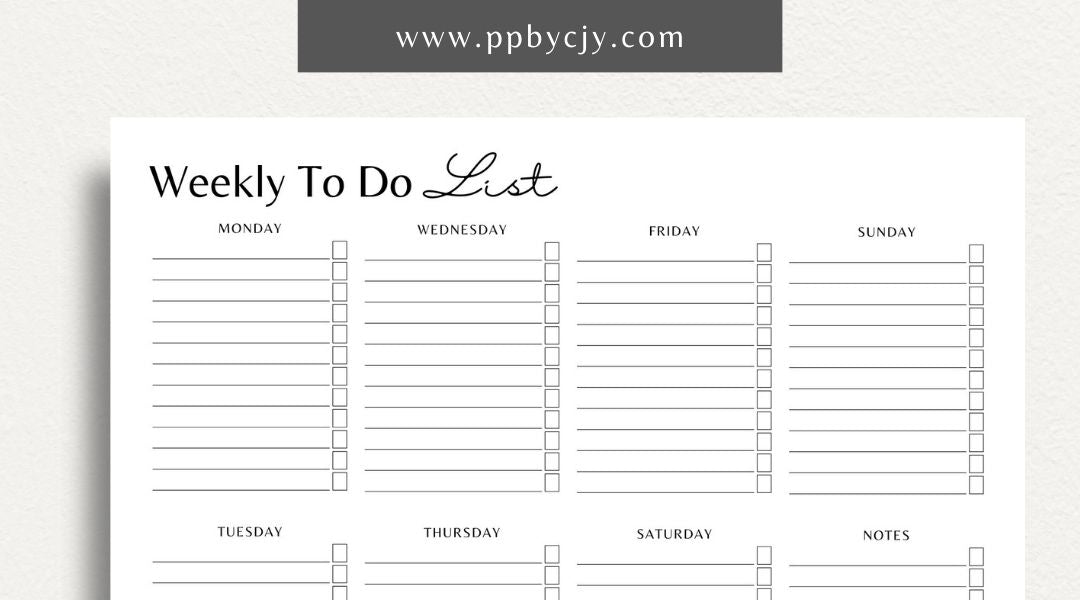 Visual representation of printable weekly to-do list template with tasks and checkboxes.