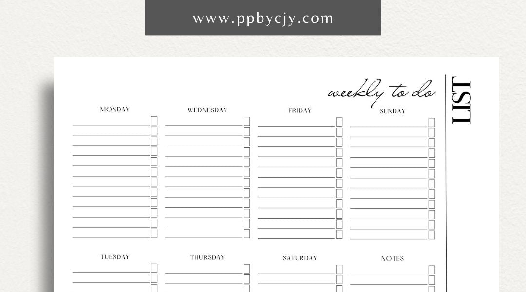 Visual representation of printable weekly to-do list template with tasks and checkboxes.