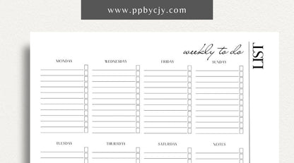 Visual representation of printable weekly to-do list template with tasks and checkboxes.