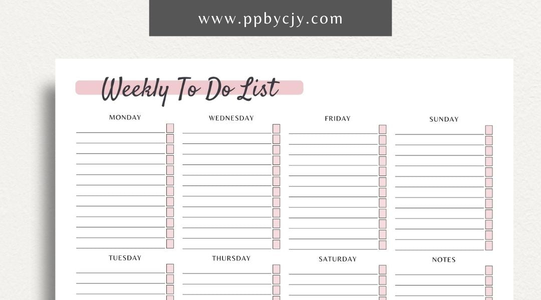 Visual representation of printable weekly to-do list template with tasks and checkboxes.