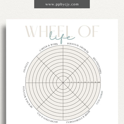 Wheel of Life Printable Template – Digital download for evaluating and visualizing different areas of life, such as career, relationships, health, and personal growth, to assess balance and set goals