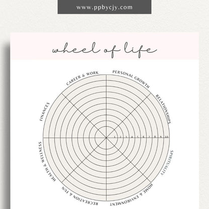 Wheel of Life Printable Template – Digital download for evaluating and visualizing different areas of life, such as career, relationships, health, and personal growth, to assess balance and set goals
