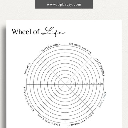 Wheel of Life Printable Template – Digital download for evaluating and visualizing different areas of life, such as career, relationships, health, and personal growth, to assess balance and set goals