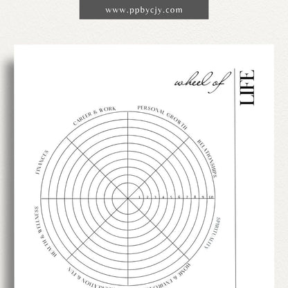Wheel of Life Printable Template – Digital download for evaluating and visualizing different areas of life, such as career, relationships, health, and personal growth, to assess balance and set goals