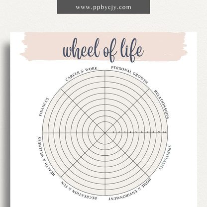Wheel of Life Printable Template – Digital download for evaluating and visualizing different areas of life, such as career, relationships, health, and personal growth, to assess balance and set goals