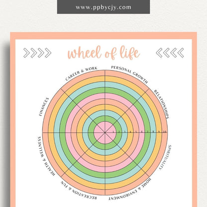 Wheel of Life Printable Template – Digital download for evaluating and visualizing different areas of life, such as career, relationships, health, and personal growth, to assess balance and set goals