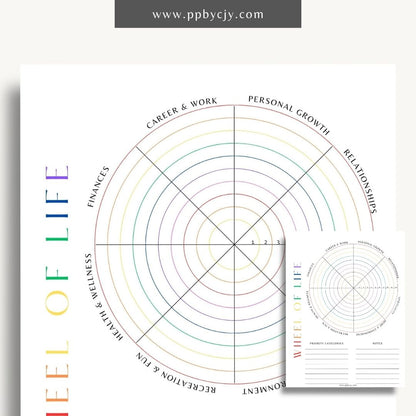 Wheel of Life Printable Template – Digital download for evaluating and visualizing different areas of life, such as career, relationships, health, and personal growth, to assess balance and set goals