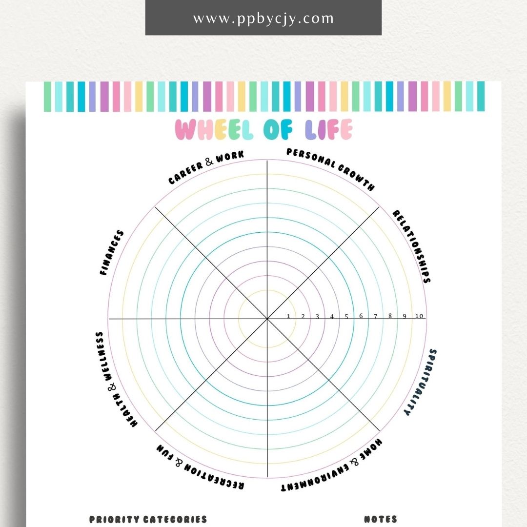 Wheel of Life Printable Template – Digital download for evaluating and visualizing different areas of life, such as career, relationships, health, and personal growth, to assess balance and set goals