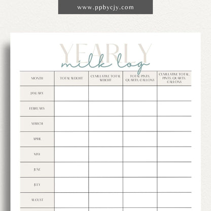 Graphic of printable yearly milk output log template with monthly entries and production metrics.