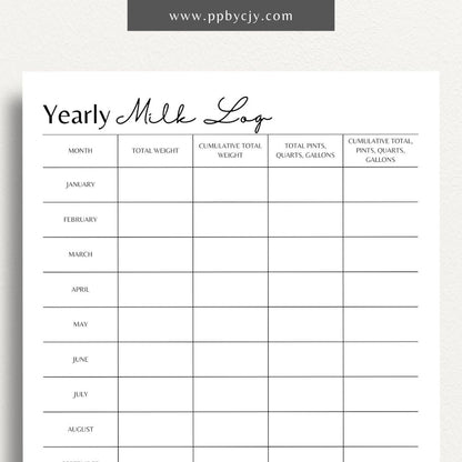 Graphic of printable yearly milk output log template with monthly entries and production metrics.
