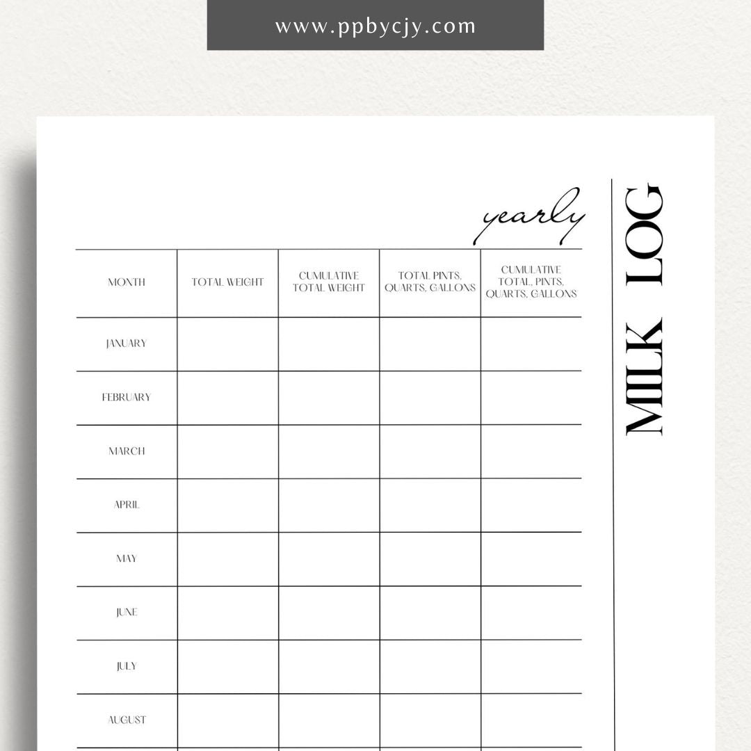 Graphic of printable yearly milk output log template with monthly entries and production metrics.