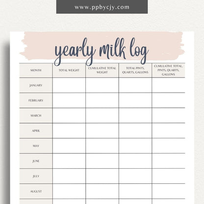 Graphic of printable yearly milk output log template with monthly entries and production metrics.