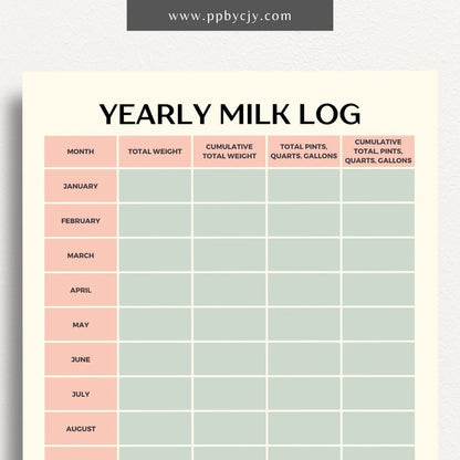 Graphic of printable yearly milk output log template with monthly entries and production metrics.