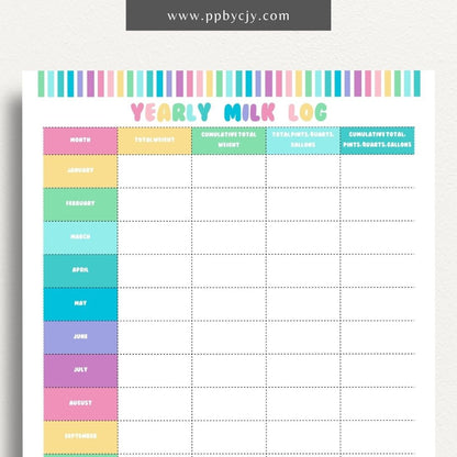 Graphic of printable yearly milk output log template with monthly entries and production metrics.