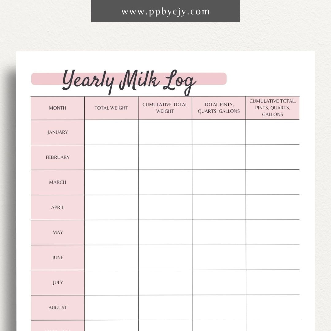 Graphic of printable yearly milk output log template with monthly entries and production metrics.